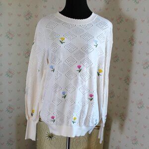 Loft Winter White Cotton Sweater with Embroidered Flowers, Large